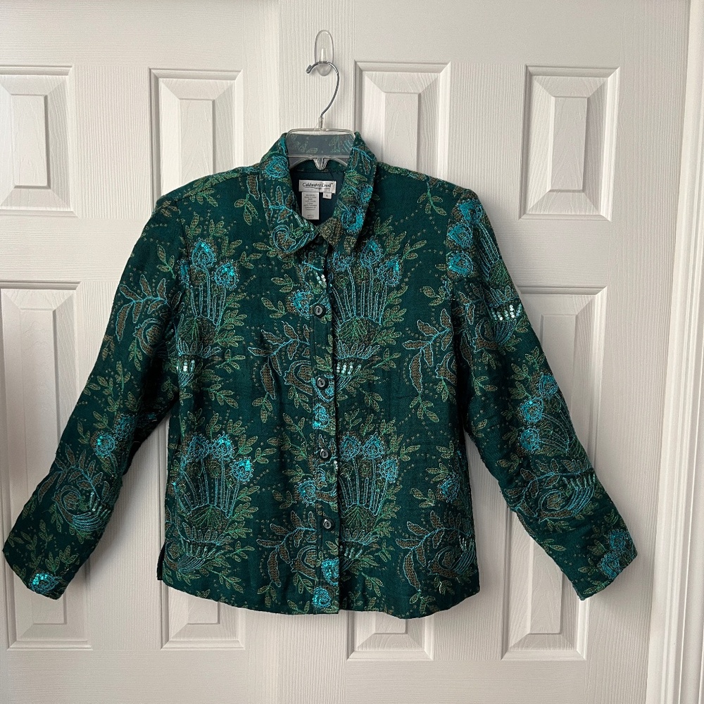 COLDWATER CREEK Women's Green Floral Button Damask Embroidered Jacket, S…
